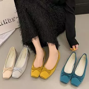 2025 new flat-soled ballet shoes grandma shoes sweet style bow square head shallow mouth one pedal single shoes women 35 синий