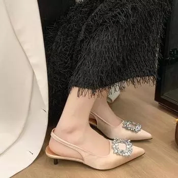 2025 new foreign trade European and American style large size crystal square buckle pointed bag head empty foot cover women s high-heeled sandals 35 чёрный