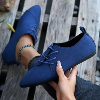 2025 new foreign trade large size women s shoes shallow mouth suede lace-up pointed flat bottom single shoes female manufacturer 36 чёрный