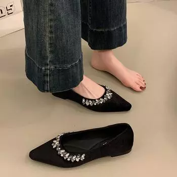 2025 new French temperament pointed head shallow mouth rhinestone chain grandma shoes spring and autumn celebrity commuting 100 single women s 35 чёрный