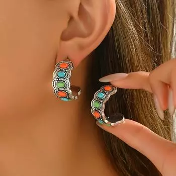 2025 new geometric retro earrings women s personality inlaid with colorful natural stone stud earrings creative C-shaped earrings women