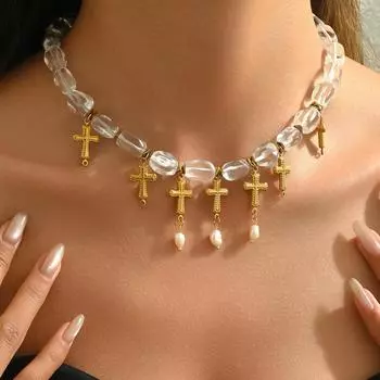 2025 new geometric style women s necklace personalized cross string pearl design collarbone chain niche item decoration