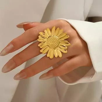 2025 new geometric wind women s ring, niche sunflower design 18k electroplated gold premium sense ring