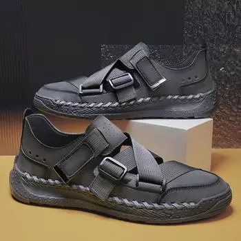 2025 new handmade slippers summer men s leather breathable sandals personalized leather drag fashion casual shoes Shoes 39 чёрный