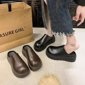 2025 new high-heeled non-slip thick-soled slippers women s summer super fire bag head slippers increase Internet celebrity half-tray women 35 чёрный