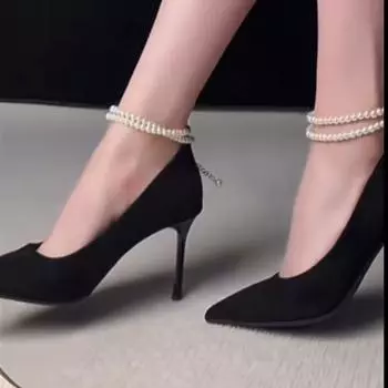2025 new high heels women s pointed pearl anklet feeling single shoes are not tired of feet with stiletto black is beautiful 34