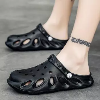 2025 new hole shoes women s ins trend summer wear new sandals couple half bag head beach slippers men 36 бежевый