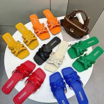 2025 new hollow sandals woven flat slippers square head beach shoes one word wear casual women s shoes large size 35 жёлтый
