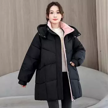 2025 new hooded down cotton-padded clothing women s autumn and winter thickened warm bread clothing medium and long cotton-padded jacket winter jacket M чёрный