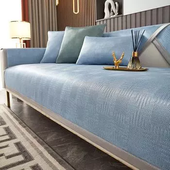 2025 New Ice Silk Sofa Cushion Summer Mat Non-Slip Summer Fabric Leather Solid Simple Modern Sofa Cover Towel Know Summer-Blue 30*50cm waist pillowcase