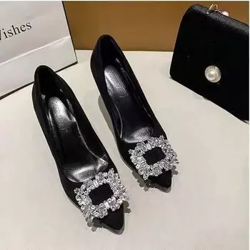 2025 new Internet celebrity black pure desire high heels women s thin heels commuter women s shoes rhinestone pointed French temperament brocade 34