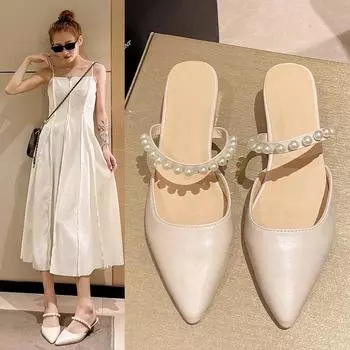 2025 new Internet celebrity lazy pointed thick heel versatile rivet bag head half slippers women summer wear fashion cool slippers 35