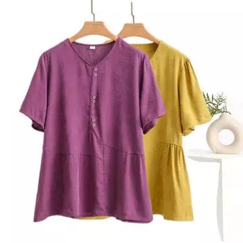 2025 new jacquard craft cotton silk T-shirt dress women s summer thin loose V-neck blouse S хаки