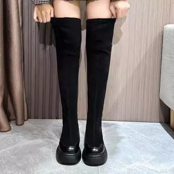 2025 new knee boots thick-soled thin wasteland wind long knight boots square head thin elastic inner height increase 35