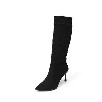 2025 new knee boots versatile fashion pointed suede pleated high heel thin boots thin heel stacking boots 35