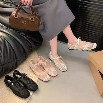 2025 new lace sexy shallow mouth versatile single shoes women s head bow word with breathable flat bottom single shoes women 35