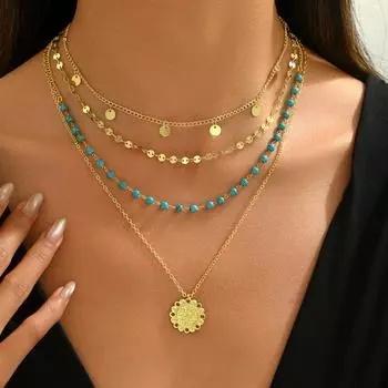 2025 new ladies necklace, geometric turquoise flower pendant design multi-layer collarbone chain