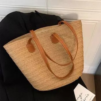 2025 New Large Capacity Straw Handbag Women Niche Holiday Style Beach Straw Bag Woven Shoulder Tote Bag Khaki