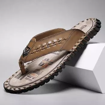 2025 new large size first-layer cowhide soft bottom fashionable outer wear comfortable and versatile flip-flops men 38 чёрный