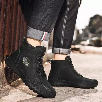 2025 new large size men s shoes hand-sewn medium and high top casual shoes leather flat bottom outdoor tooling boots 42