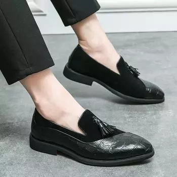 2025 new leather shoes men s business dress large size foot fitting trend casual shoes Korean version versatile trend British 38 чёрный