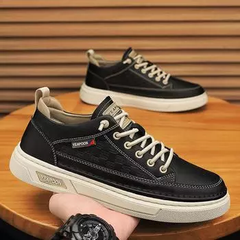 2025 new little white shoes men s casual leather shoes Korean version versatile board shoes flat heel leather shoes low-top crocodile pattern men 39 бежевый