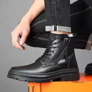 2025 new Martin boots men s high-top leather trendy casual tooling boots winter British wool warm leather boots 38