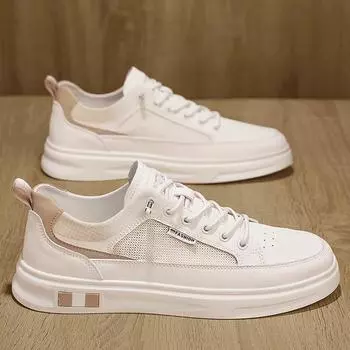 2025 new men s shoes spring and summer leather surface mesh breathable little white shoes sports comfortable low top flat baseplate shoes 39