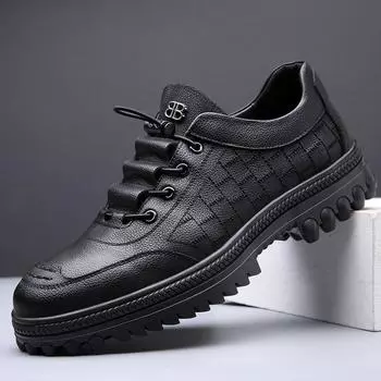 2025 new men s shoes spring breathable casual shoes men s versatile trend thickness casual fashion non-slip leather shoes 38 чёрный