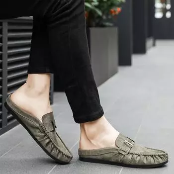 2025 New Men s Slippers Leather Summer Flat Bottom Outdoor Non Slip Comfortable Luxury Trendy Set Wearing Half Slippers 39-44 39 армия зеленый