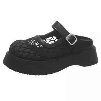 2025 new mesh hollow big head metal buckle thick bottom muffin heightening small bag head half slippers women s shoe holder 35