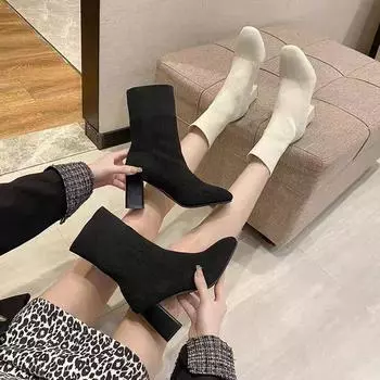 2025 new middle heel socks boots Internet celebrity thin boots large size autumn and winter flying woven square head short boots women s high heel th 35