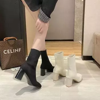 2025 new middle heel square head short boots women s high heel thick heel women s boots socks boots Internet celebrity thin boots large size autu 35