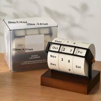 2025 New Model Retro Mechanical Style Rotating Wheel Perpetual Calendar Solid Wood Base, Monthly, Day Indicator, Natural Wood Finish Wheel Perpetual Calendar