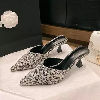 2025 new national trend versatile Internet celebrity half slippers bag head sandals high heels wear thin heels pointed high heels women 35