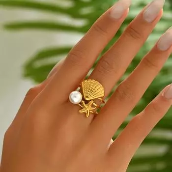 2025 new ocean style women s ring personalized inlaid pearl shell design open ring high-end jewelry
