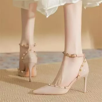 2025 new one-word buckle with sexy bag head sandals temperament with skirt rivets pointed high heels women s stiletto 34
