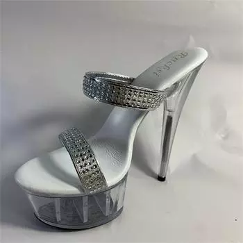 2025 new one-word with transparent crystal super high heel waterproof table fine heel, cool slippers new women s summer size 34 серебряный