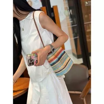 2025 New Rainbow Woven Bag Women Summer Beach Vacation Straw Bag Bucket Bag Trendy Shoulder Shoulder Small Bag Rainbow color