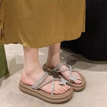2025 new retro platform slippers women s summer wear bright diamond cross-strap butterfly cover toe beach roman sandals 35 хаки