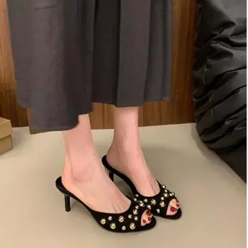 2025 New Rivet Stiletto Heels Open Toe Sandalias De Mujer Square Head Women s Summer Sandals Daily Dress Party Casual Zapatos 35