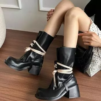 2025 new round head thick heel strap black platform Martin boots trendy retro thin fashion boots comfortable medium boots 35