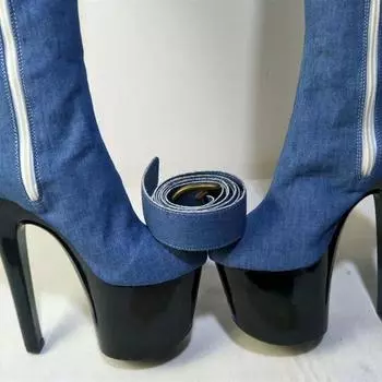 2025 new round head wedding reception solid color thin heel flat bottom low top super high heel suede blue fashion boots 34 синий