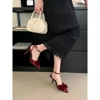 2025 new sandals women s black pointed head bow high heels bag head with buckle stiletto elegant single shoes 34 чёрный
