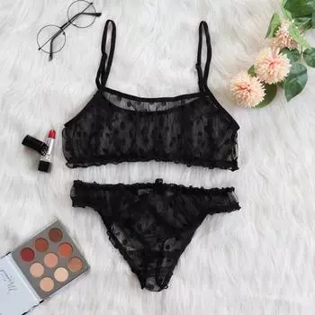 2025 new sexy underwear mesh ruffle edge transparent polka dot milk-revealing sexy underwear set two-piece set S белый