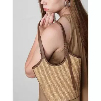 2025 New Shoulder Underarm Bag Niche Design Sense Fashion Commuter Bucket Bag Woven Straw Bag Handbag Brown