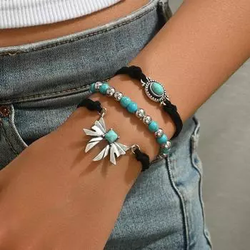 2025 new simple retro women s bracelet set geometric butterfly turquoise design bracelet three-piece bracelet set