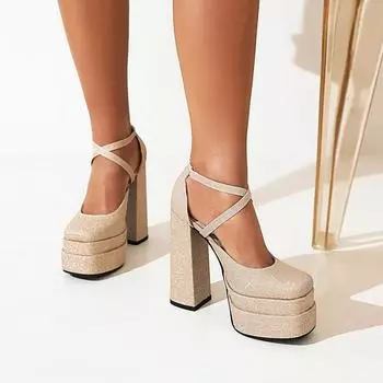 2025 new single shoes thick heel waterproof table women s European and American matte sequins women s shoes large size 40-43 34 синий
