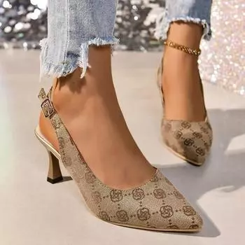 2025 new solid color fine heel high heel large size pointed hollow one-button women s sandals 35 чёрный