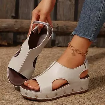 2025 new spring and summer thick-soled wedge heel fish mouth sandals European and American large-size rivets decorative Velcro sandals women 36 чёрный